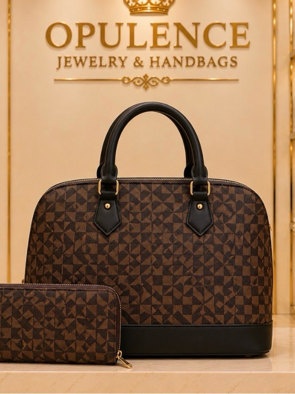 Brown Geometric Dome Satchel with Matching Wallet
